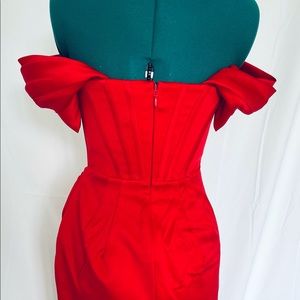 RED SATIN OFF SHOULDER DRESS